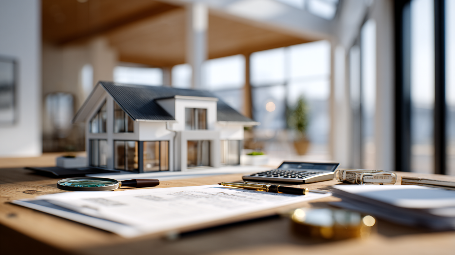Architekturmodell eines Hauses mit Lupe und Unterlagen – Symbol für die Immobilienbewertung durch Bank und Finanzamt
